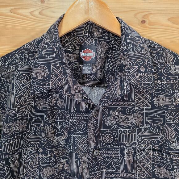 Harley Davidson Geometric Hawaiian Camp Shirt Men 2XL - Picture 2 of 10
